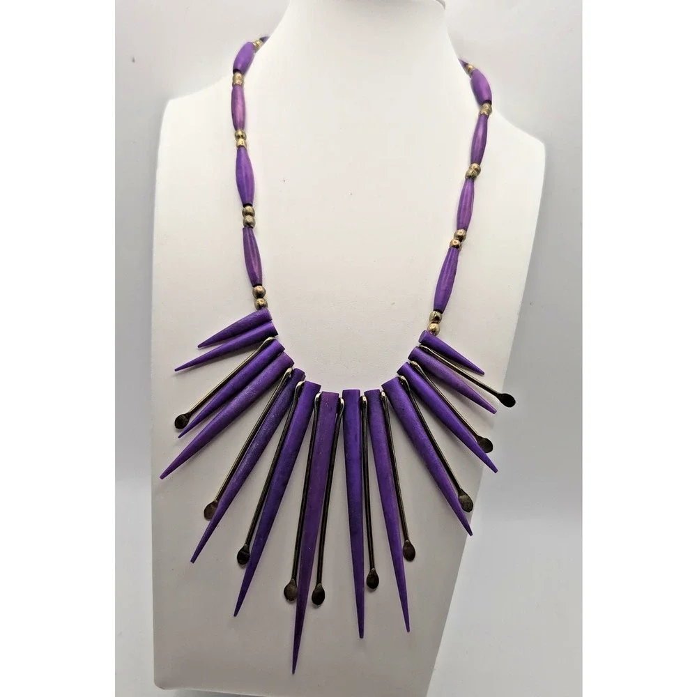 Vintage Purple Spike Fringe Bib Necklace 18” Gold Tone Boho Runway Statement